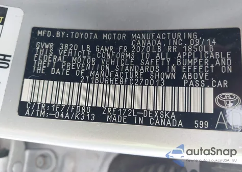 2015 Toyota Corolla S Plus z USA, uszkodzony, nr VIN 2T1BURHE8FC270013